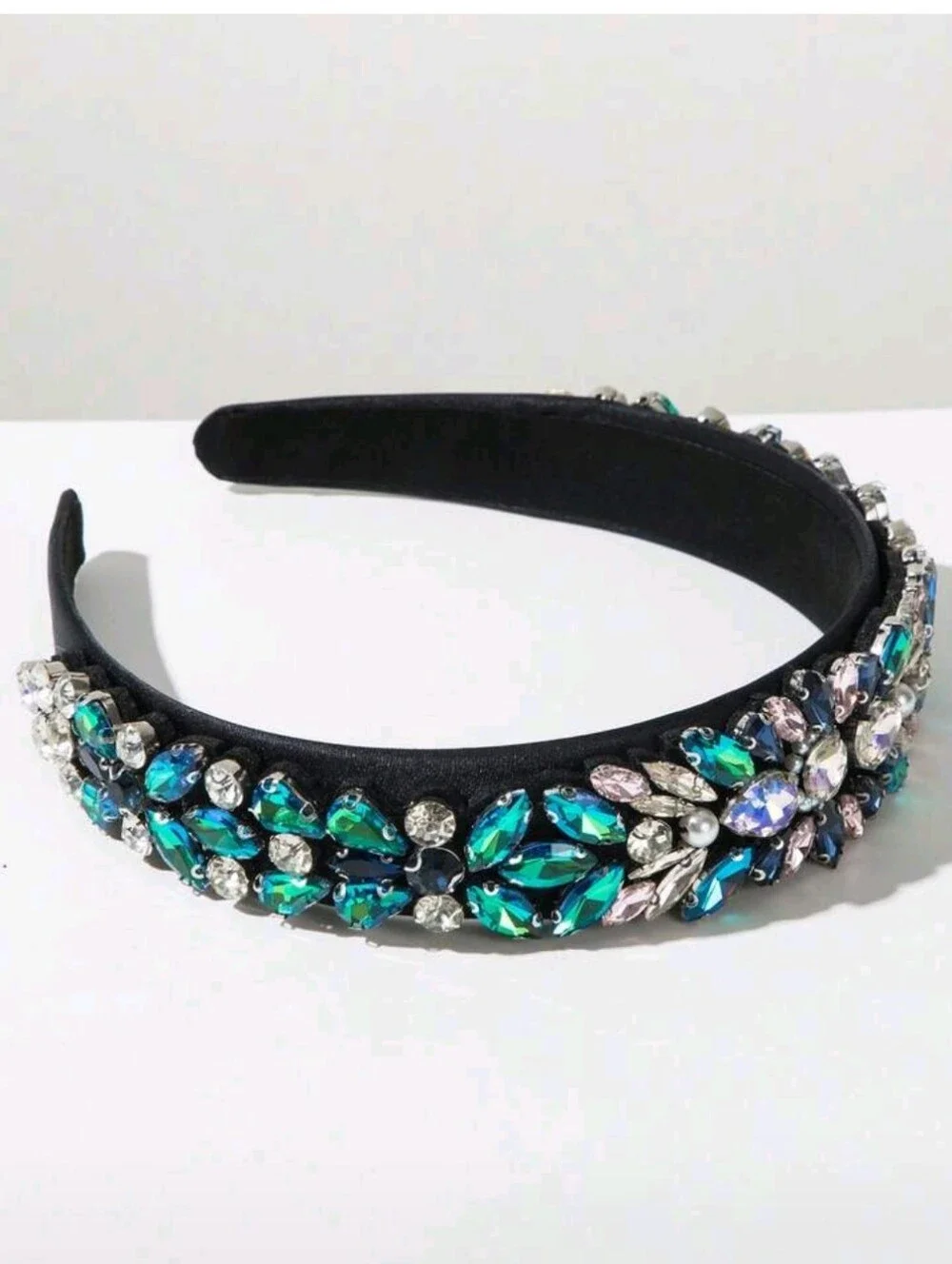 Baroque Embellished Black Headband with Green & Blue Crystal Accents